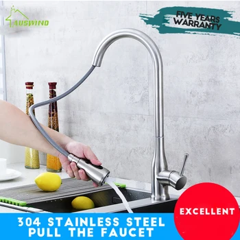 

Stainless Steel Pull Out Kitchen Faucets Polished Silver Bathroom Faucet Single Handle Deck Mount Sink Taps Hot Cold 360 Degree