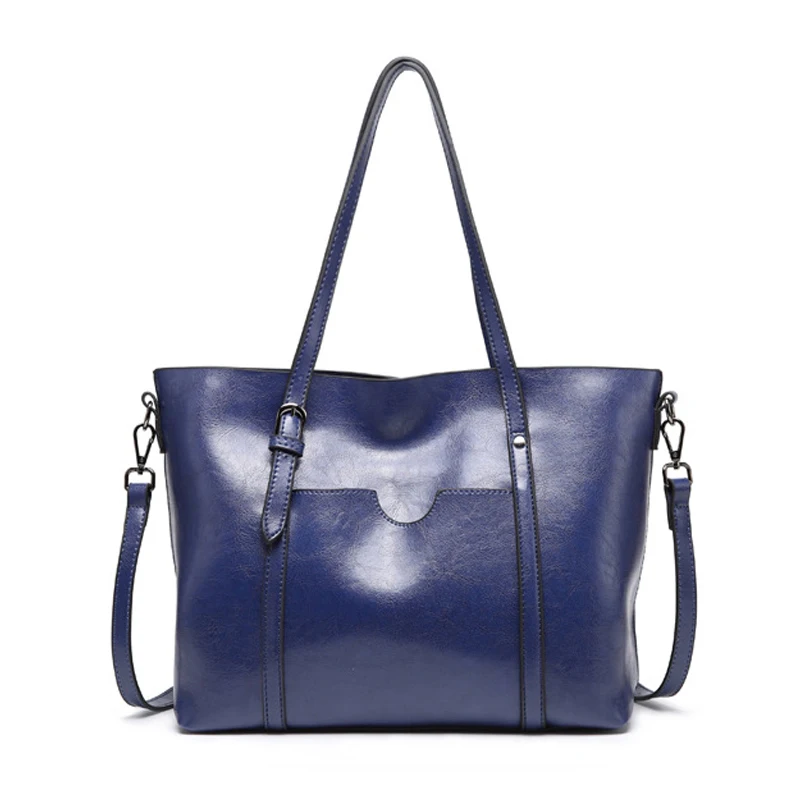 Большая вместительная сумка из искусственной кожи с масляным воском - Цвет: Navy blue