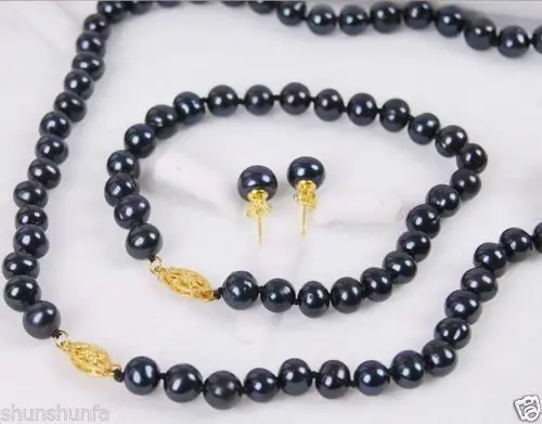 

AAA 9-10mm south sea black Pearl Necklace 20" Bracelet 7.5-8"earring set 14k/20