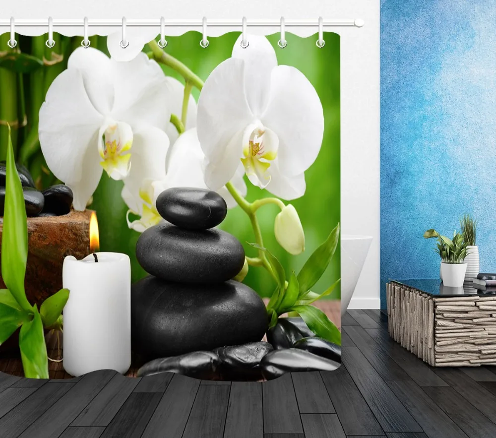 Spa Zen Stone Flower Shower Curtain Liner Waterproof Fabric Bathroom 12Hooks Mat