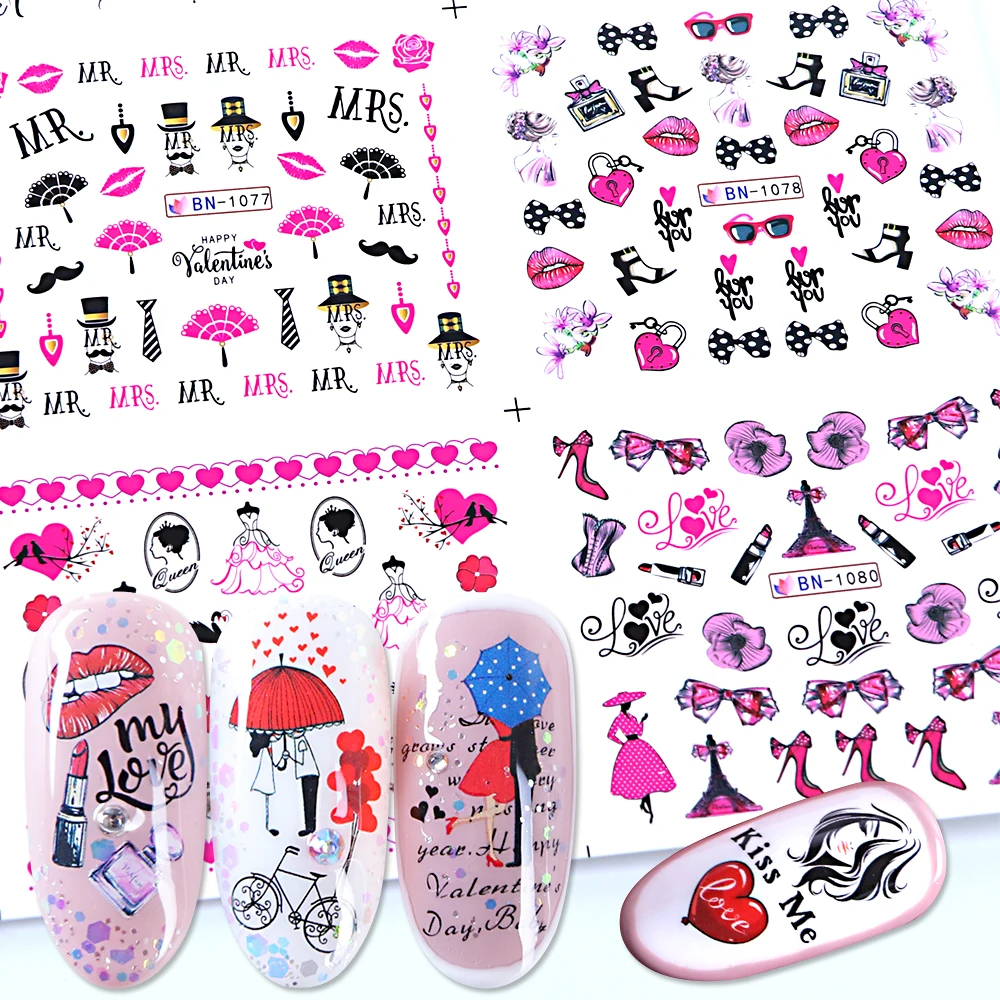 12 шт., розовые наклейки для ногтей, женские наклейки в форме сердца, губ, Водные Наклейки, розовые наклейки на День святого Валентина, цветы, клей для макияжа, маникюрные BEBN1069-1080