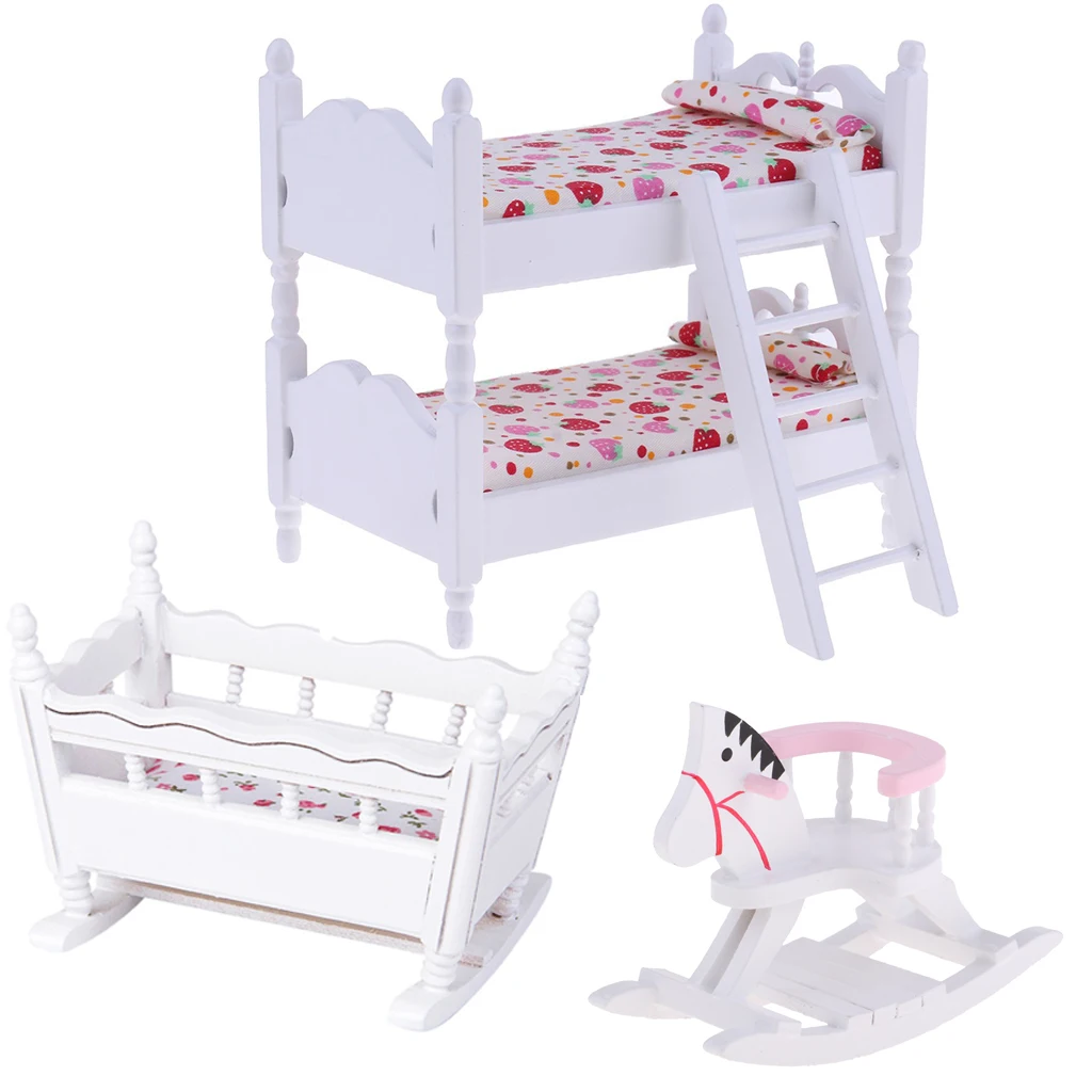 White 1/12 Scale Dollhouse Furniture Children Nursery Bedroom Bunk Bed Cradle Rocking Horse Set