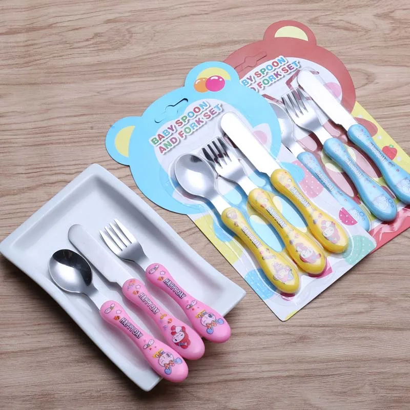 

Safe Baby Stainless Steel Spoon Fork Knife PP Plastic Handle Children Dishes Learning Kids Tableware 3 Pcs/Set