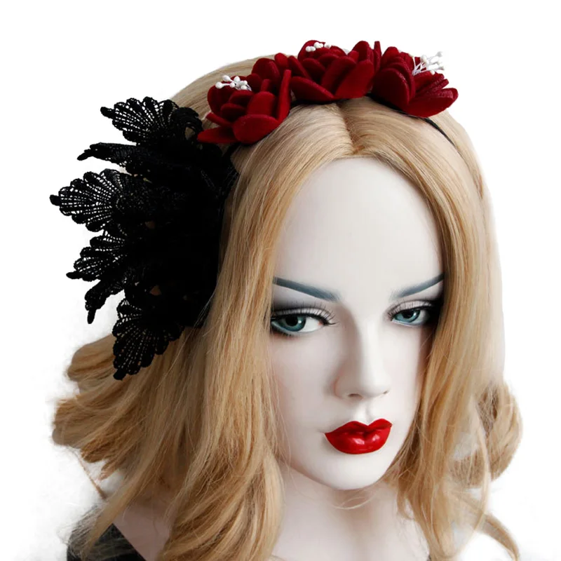 

Headbands for Women Gothic Baroque Style Crown Triple Flower Red Rose Black Lace Fancy Dress Party Hairband Hair Hoop Accessory