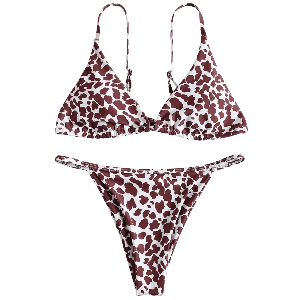 

Swimsuit Cami Dairy Cow Print Thong Bottoms Bikini Women Swimwear Sexy Spaghetti Straps Padded String Biquni Swimming Suit