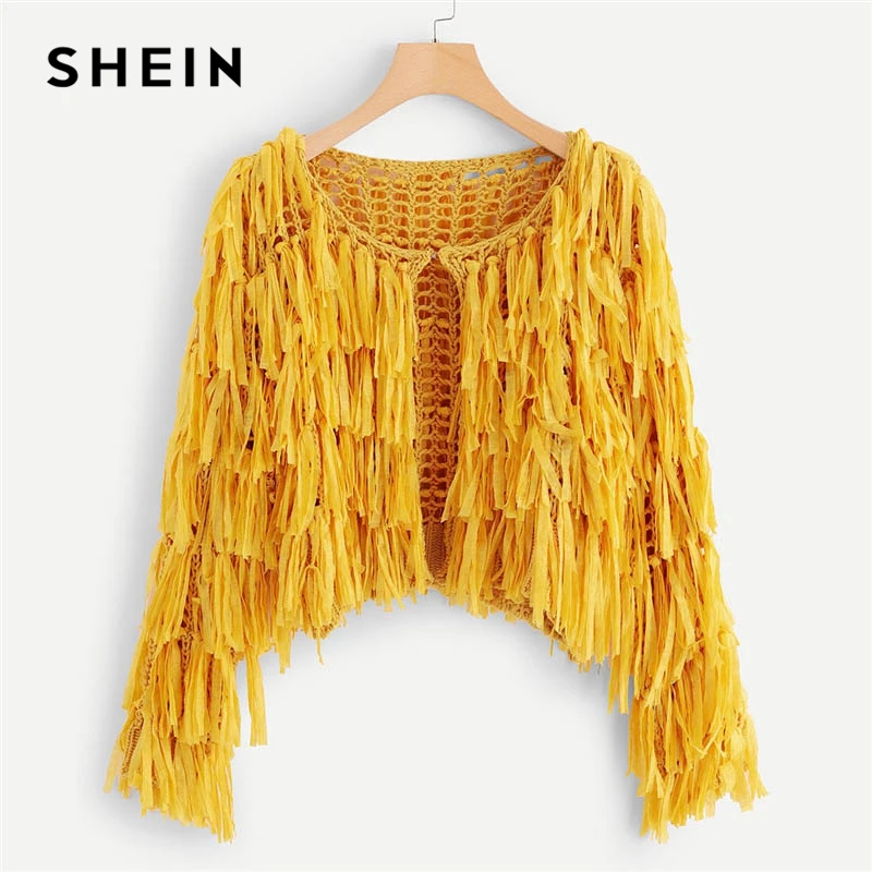 SHEIN Yellow Solid Hook and Eye Closure Layered Fringe