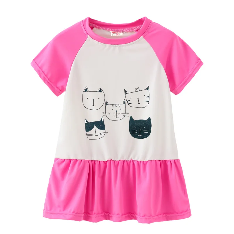 Summer Casual Cat Cartoon Printed Baby Princess Girls Short-Sleeved Dress Rose Red Patchwork Girls Clothes For 2-7 Years Old