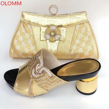 

OLOMM African gold Shoes And Bag Matching Set With gold Hot Selling Women Italian Shoes And Bag Set For Party Wedding!TG1-7