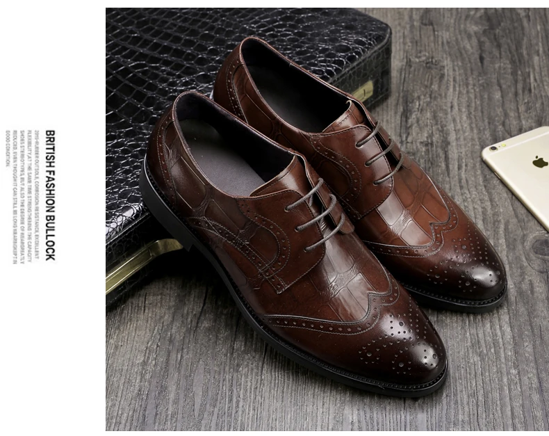 Men's Wedding Dress Shoes Casual Crocodile Genuine Leather Pointed Toe Oxfords Shoes Bussiness Brogues Shoes Moccasins For Men (17)