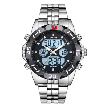

STRYVE 2019 Week Date LED Back Light Watch Waterproof Stainless Steel Strap Military Silver Watch Digital Quztar Top Brand
