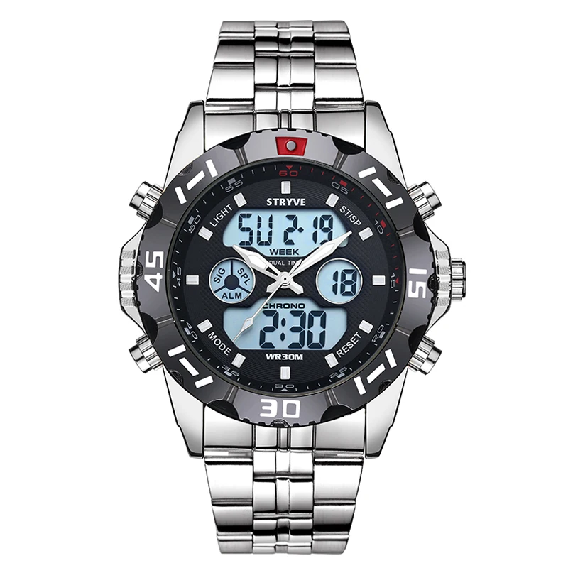 STRYVE 2019 Week Date LED Back Light Watch Waterproof Stainless Steel Strap Military Silver Watch D