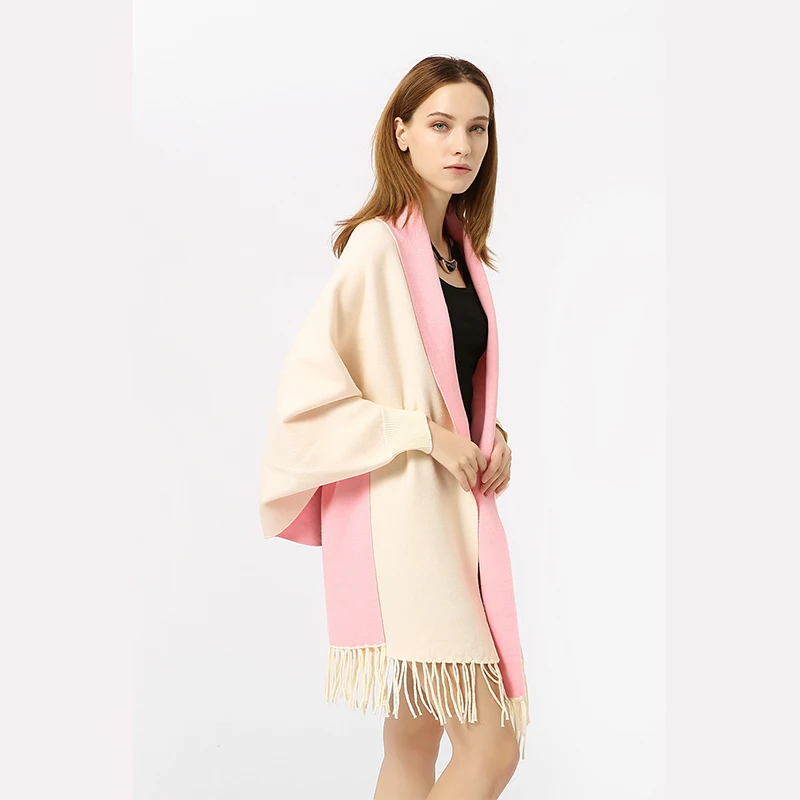Solid Knit Women Capes Ponchos Elegant Tassels Batwing Sleeve Two Tone Scarf Shawl Outwear Female Capes Spring Cape Poncho