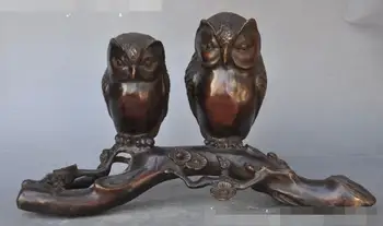 

S01728 11"China fengshui Bronze Animal Two night owl bird plum blossom Sculpture Statue