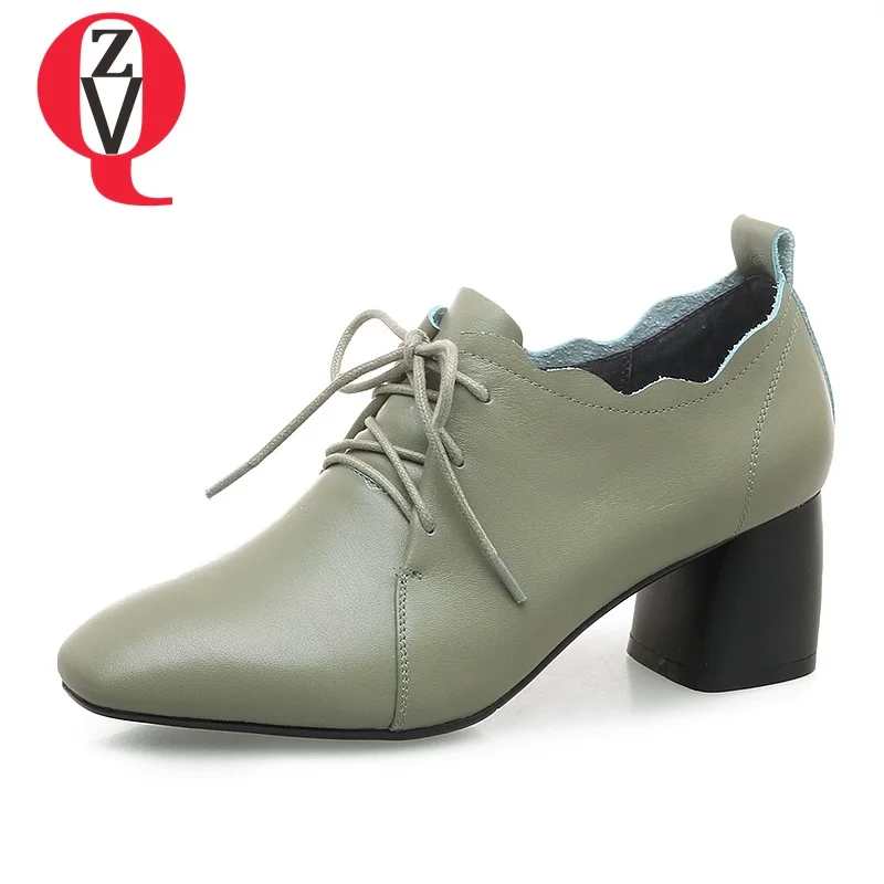 

ZVQ genuine leather woman pumps 2018 falbala design zapatos mujer comfortable spring 6cm high heels lace-up Ruffles women shoes