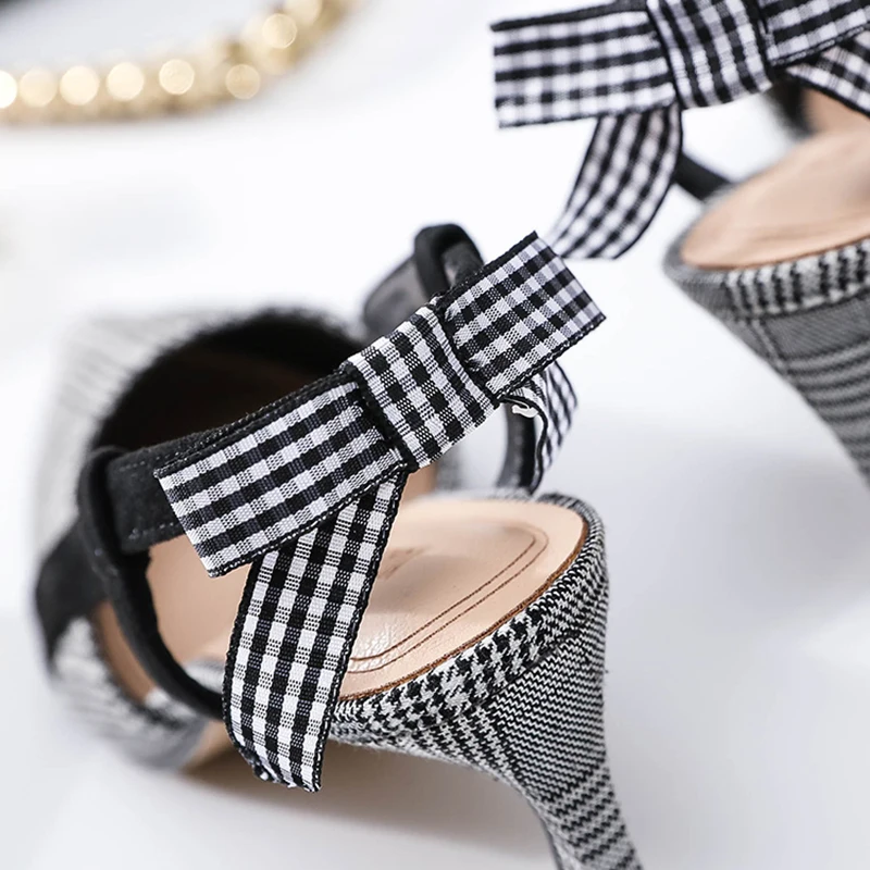 Женские клетчатые туфли-лодочки на высоком каблуке элегантные офисные женские туфли с острым носком, на тонком каблуке, без шнуровки, с бантиком-бабочкой женские сандалии, zapatos mujer