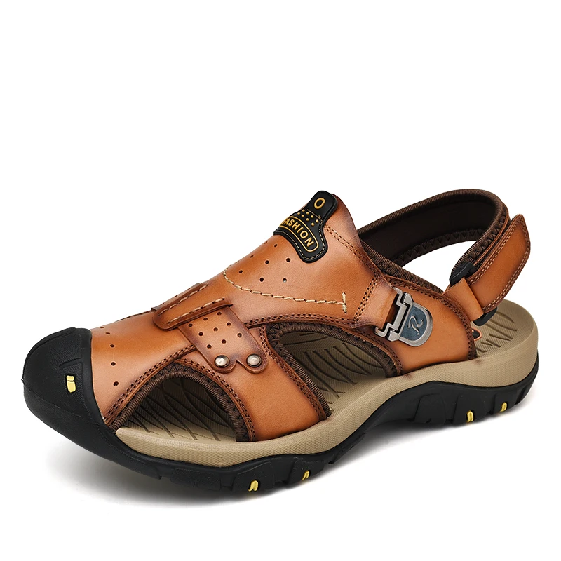 

Big Size 100% Genuine Leather Men Soft Sandals Summer Shoes Leather Sandals Beach sandals size 46 outdoor sandals