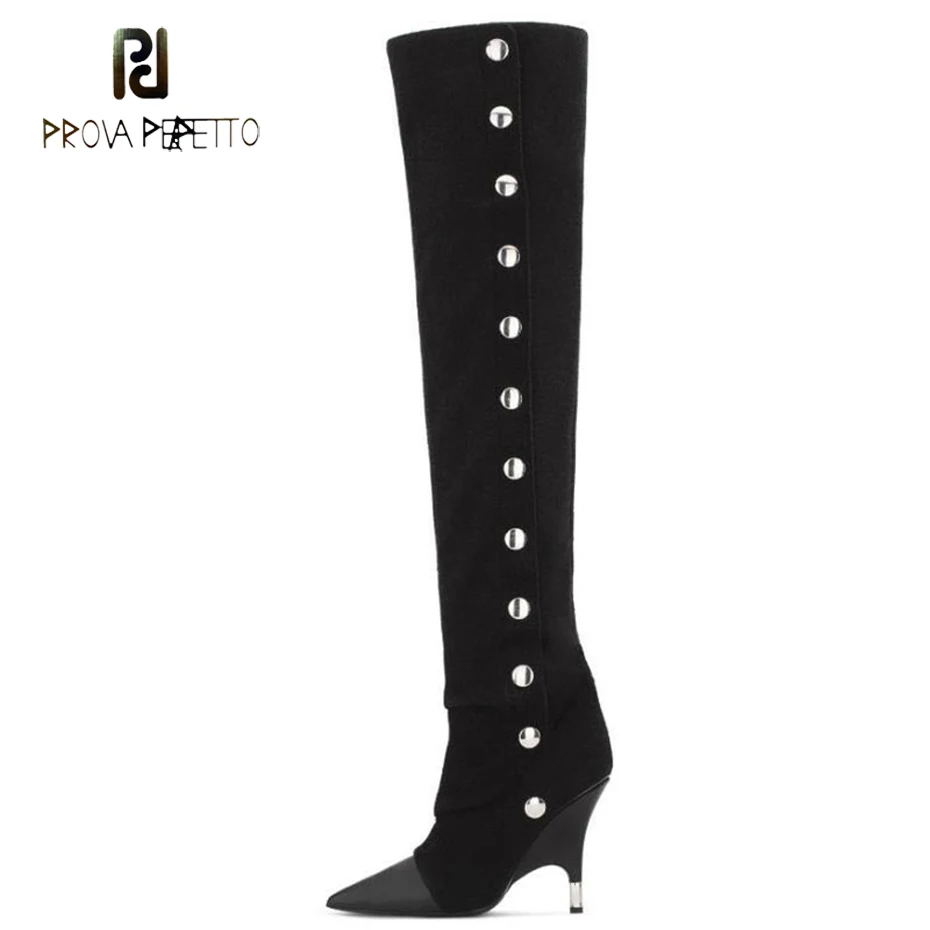 

Prova Perfetto european denim women over the knee boot pointed toe strang high heel woolen cloth thigh high boots pleated design