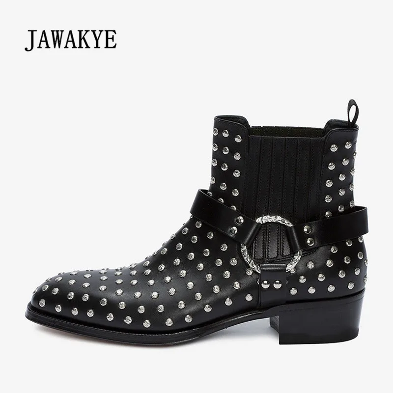 

2018 New Arrival Ankle Boots Men Pointed Toe Rivet Metal Buckle Ankel Strap Real Leather Shoes Man Motorcycle Boots