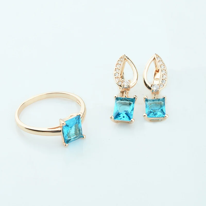 

FJ Women 585 Gold Color Light Blue Stone Cubic Zircon Square Oval Earrings Rings Gorgeous Jewelry Sets Wedding Party Jewelry