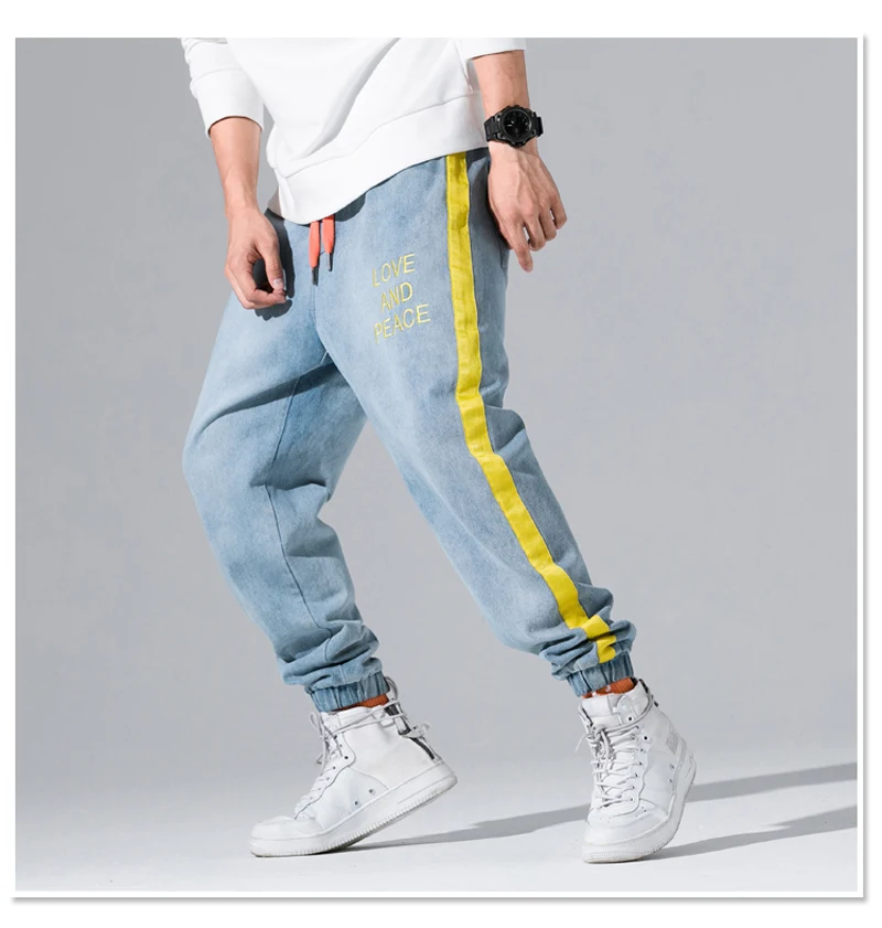 Осенне-зимние модные мужские джинсы с желтыми полосками, брюки-карго с буквенным принтом, уличная одежда в стиле хип-хоп, зауженные брюки, мужские джинсы для бега