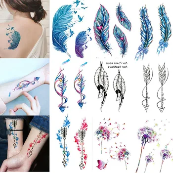 

Sweet Blue Feather Flower Arm Back Temporary Stickers Female Male Couple Disposable Tattoo Stickers Fashion Body Art