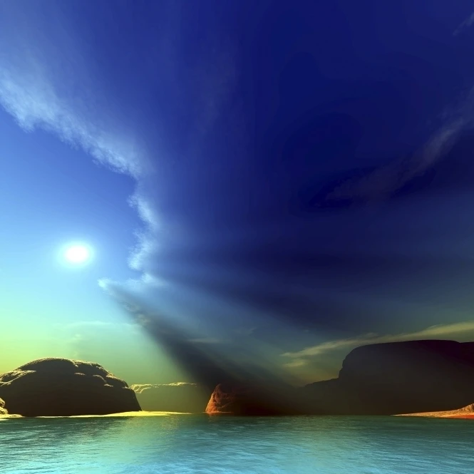 Rays from the sun shine down on this colorful seascape Poster Print (34 x 22)