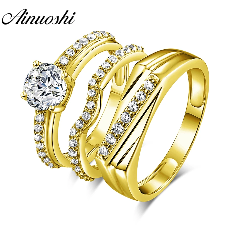 AINUOSHI Real Gold TRIO Rings 10k Yellow Gold Couple Ring ...