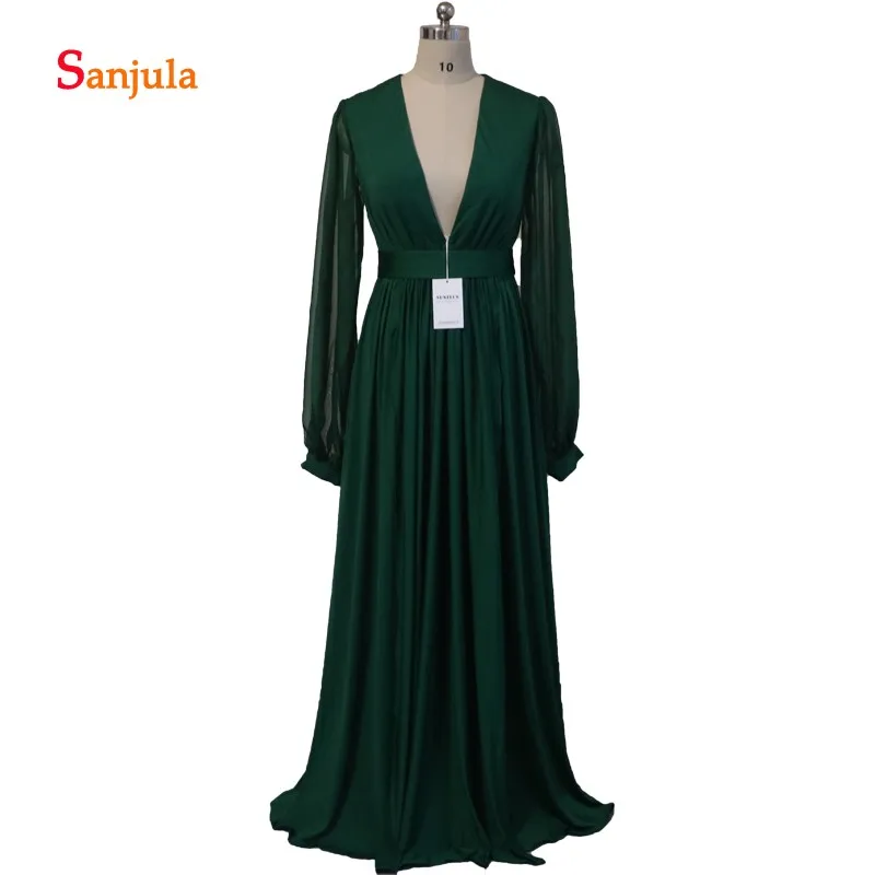 

Chiffon Long Sleeve Spandex Skirt Evening Dresses V Neck A-Line Dark Green Evening Gowns Leg Slit Sexy Night Party Dresses D50