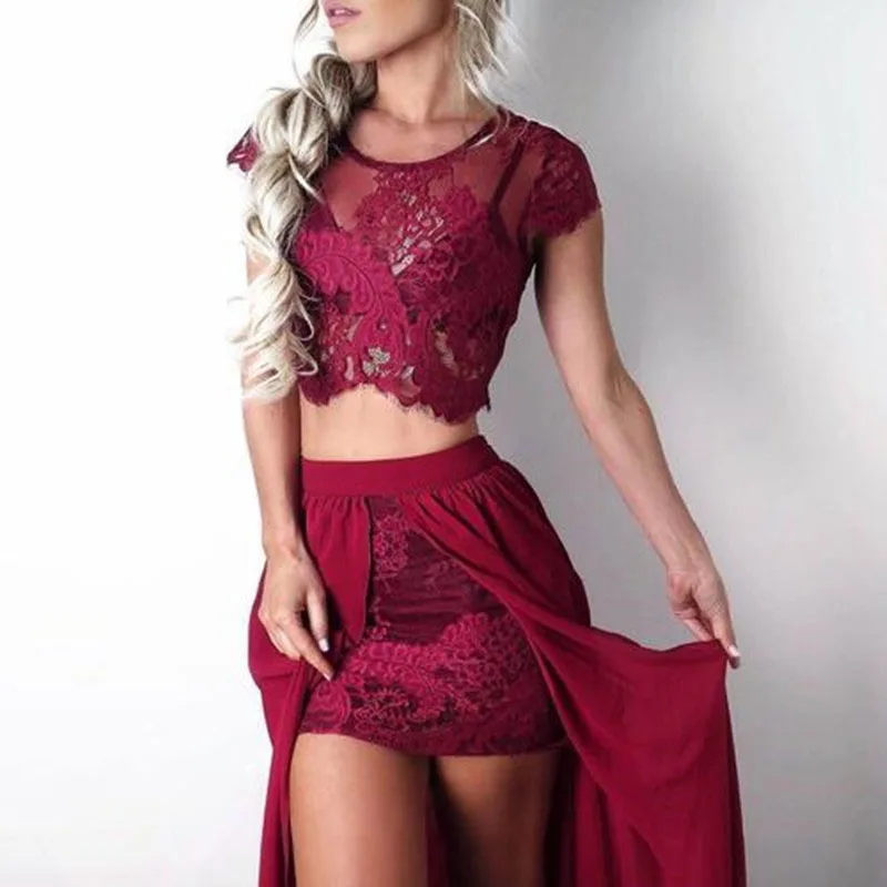 

2019 Customized Burgundy 2 Piece Evening Party Dresses Round Neck Lace Applique Top Prom Gown With Train Vestidos De Fiestas