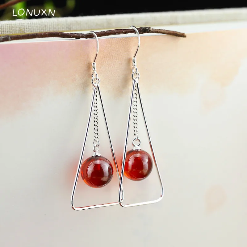 

high quality 925 Sterling silver natural Natural semi-precious stones garnet Fringe triangle hollow drop earrings women Jewelry