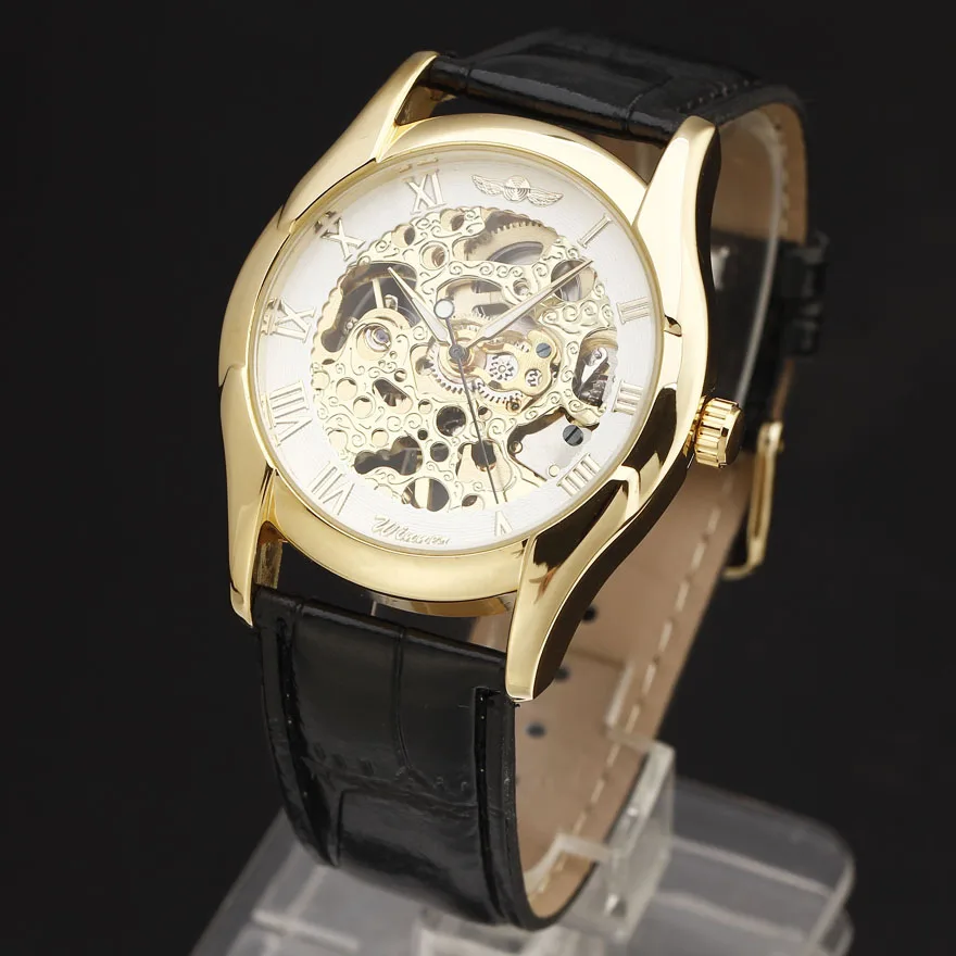 

New Luxury Brand WINNER Men Black Leather Strap Watches Golden Case Carving Skeleton Dial Hand Wind Mechanical Wristwatches