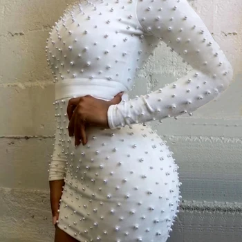 

2018 hot sale fashion dress sexy women pearl o-neck full mini bandage night club celebrity body con dresses wholesale