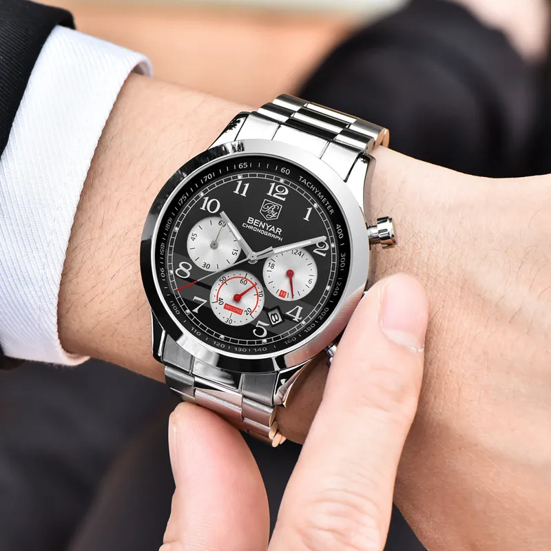 

Men Fashion Business Watches BENYAR Military Stainless Steel Date Sport Quartz Analog Mens Clock Wrist Watch relogio