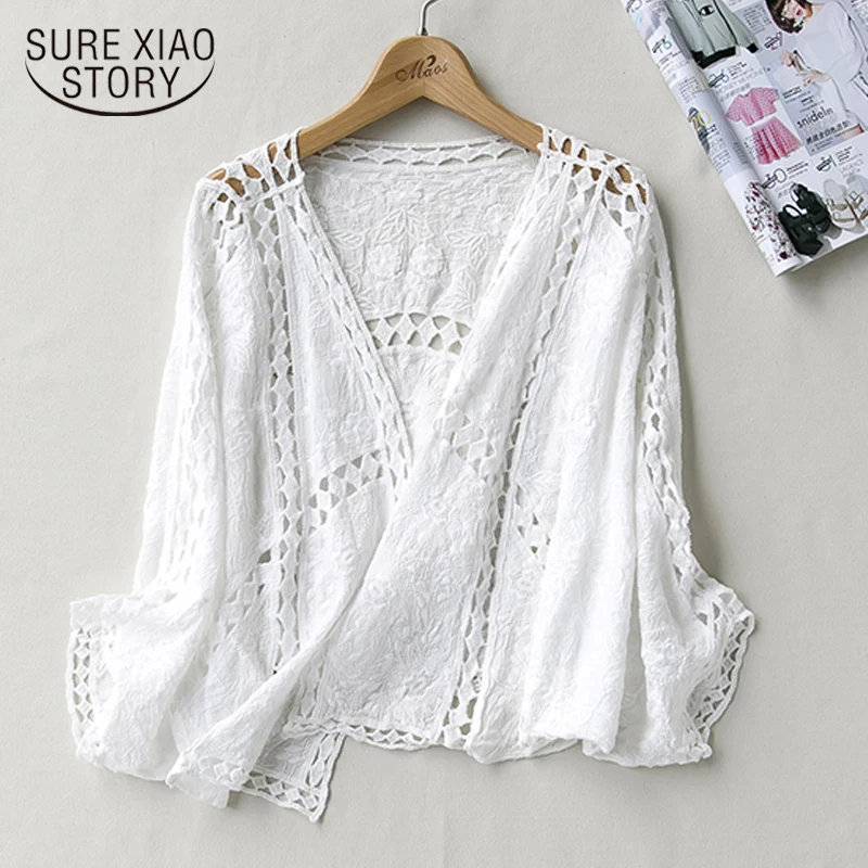 

2018 new summer sweet lady style fashion jacket coat women v-neck white open stitch hollow white beach women clothing 0312 40