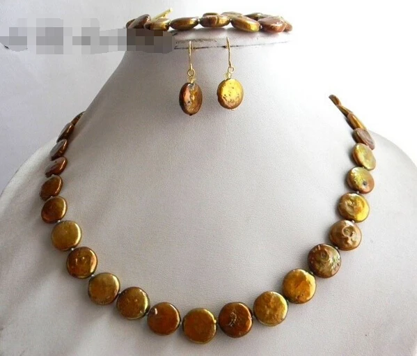 

A0503 Wholesale fast SHIPPING >>>> 18''/8'' 12mm Coffee Coin Freshwater Pearl Crystal Necklace Bracelet Earring Set (0430)