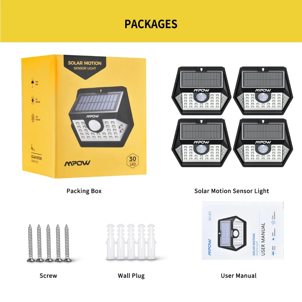 4 шт. в упаковке, MPOW 30 светодиодный солнечный садовый датчик движения, наружная лампа, 3 режима освещения, 270 широкоугольный светодиодный светильник на солнечной батарее, внешний вид