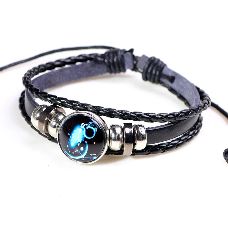 

Personalized 12 Constellations Zodiac bracelet for Men Women Glow in The Dark Braided Vintage Leather Bracelets & Bangles