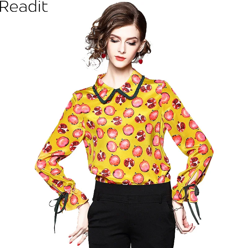 Readit Silk Blouse 2018 Spring Woman Floral Print Yellow Silk Shirt