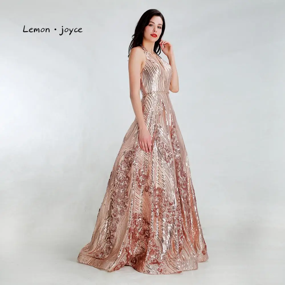 Lemon joyce Formal Gold Evening Dresses Long Sexy V-neck Backless Sequined A-line Prom Party Gowns Plus Size