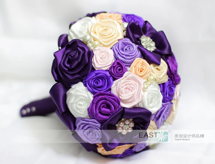 Фиолетовая лента розы жемчужный букет на заказ любой цвет DIY Свадебный букет невесты букеты