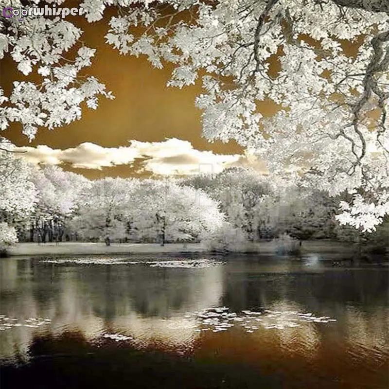 

Diamond Painting Full Square/ Round Sliver-coated Woods Lake White Clouds 5D Daimond Painting Picture Cross Stitch Crystal L012
