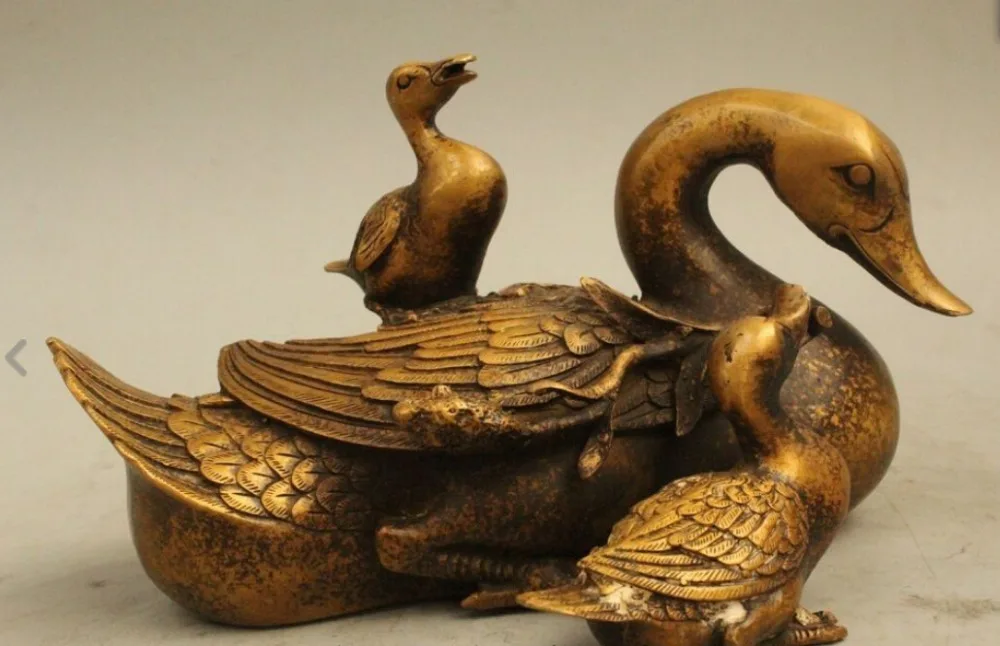 

4" Chinese Fengshui Brass Lucky Duck Swan Mother Son Animal Statue Sculpture