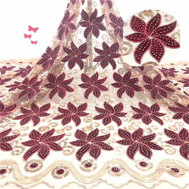 

(5yards/lot ) 2019 New High quality Red wine Velvet African tulle lace French net lace fabric with stone for party dress
