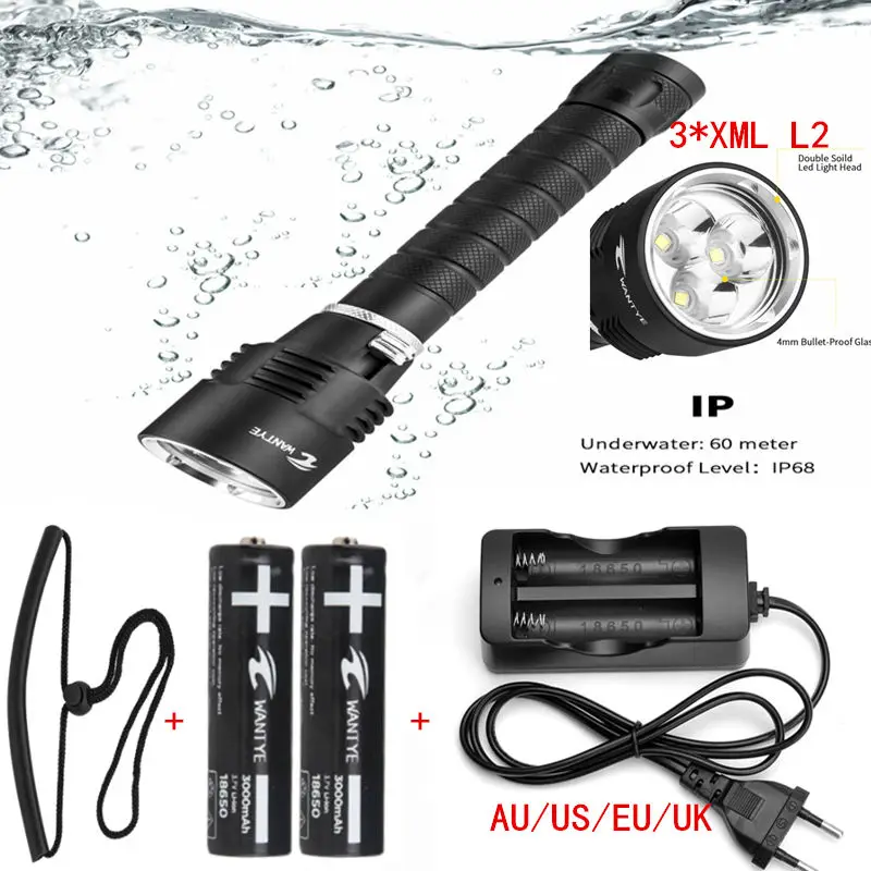 

Underwater Diving diver Flashlight 6000LM 3x XML XM-L2 LED Dive Torch Waterproof Flash Light Lantern+2x18650 Battery+Charger