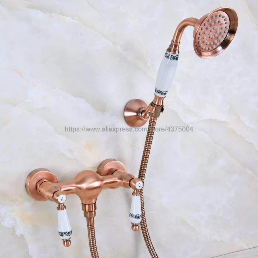 Wall Mounted Antique Red Copper Bathroom Faucet Bath Tub Mixer Tap With Ceramic Handle Hand Shower Head Shower Sets Nna301 Wall Mounted Antique Red Copper Bathroom Faucet Bath Tub Mixer Tap With Ceramic Handle Hand Shower Head Shower Sets Nna301