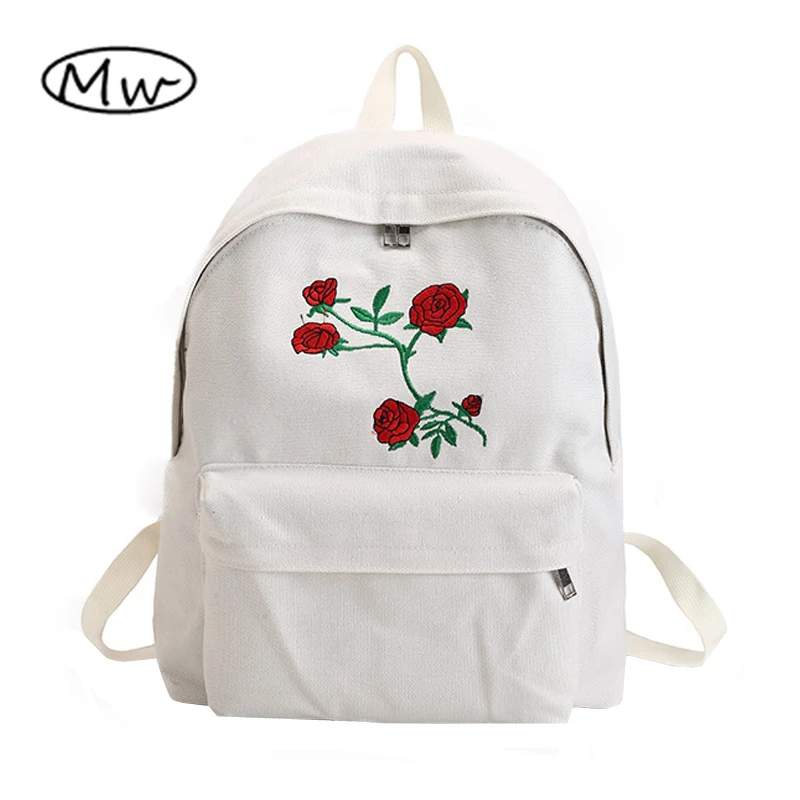 0 : Buy Moon Wood Harajuku Rose Embroidery Backpack White Black Women Travel ...