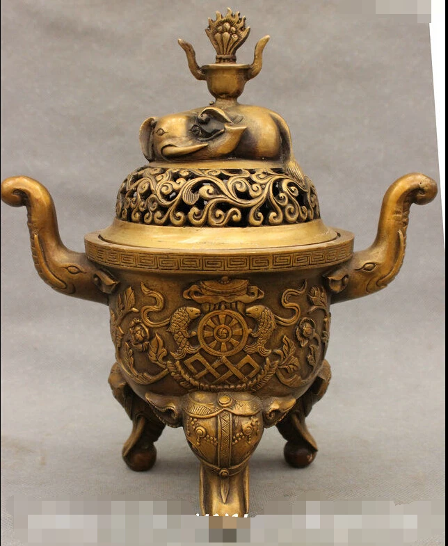 

10" Tibet Buddhist Bronze 8 Auspicious Symbol Elephant Set Statue Incense Burner