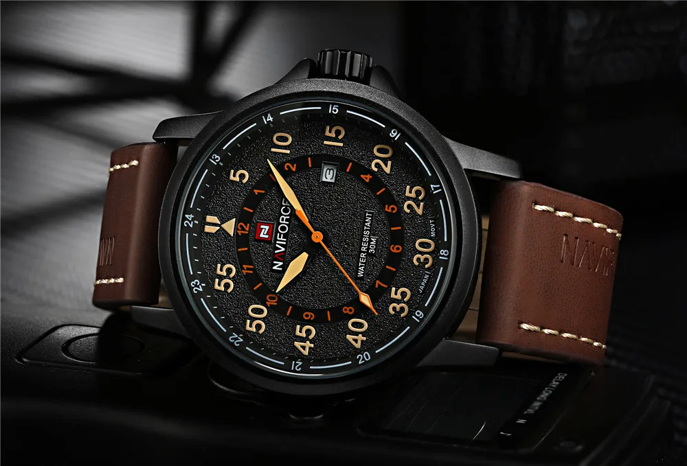 Новинка NAVIFORCE роскошный бренд кожаный ремешок аналоговые Мужские кварцевые часы