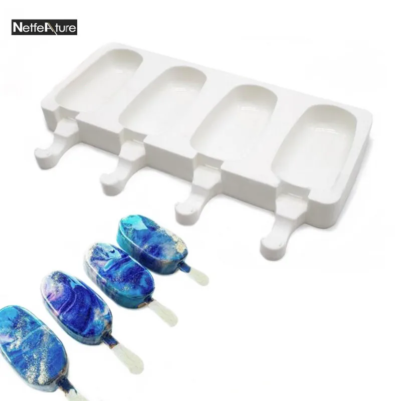 

4Cavities White Silicone DIY Ice Cream Makers Popsicle Molds Multi-purpose Popsicle Shape Mousse Cake Bread Mold Baking Tool Pan