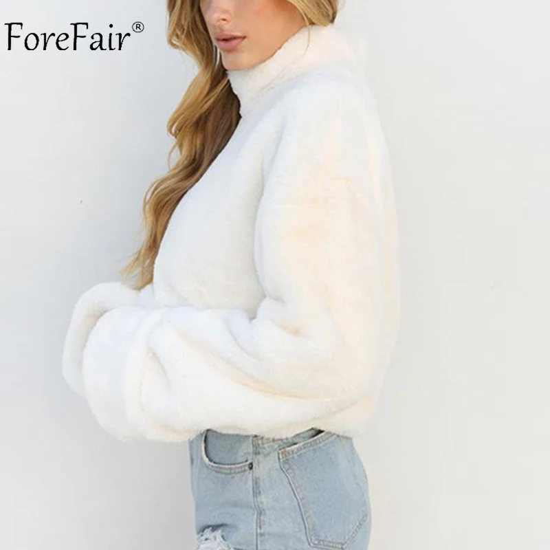 Forefair водолазка белый мех пальто для женщин осень High Street повседневное с длинным рукавом теплый плюшевый пуловер зимние женские пальто